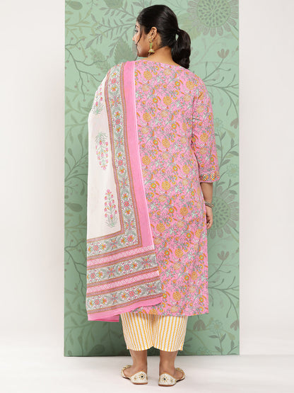 Women's Pink & Yellow Handblock Printed Cotton Kurta With Trousers & Dupatta