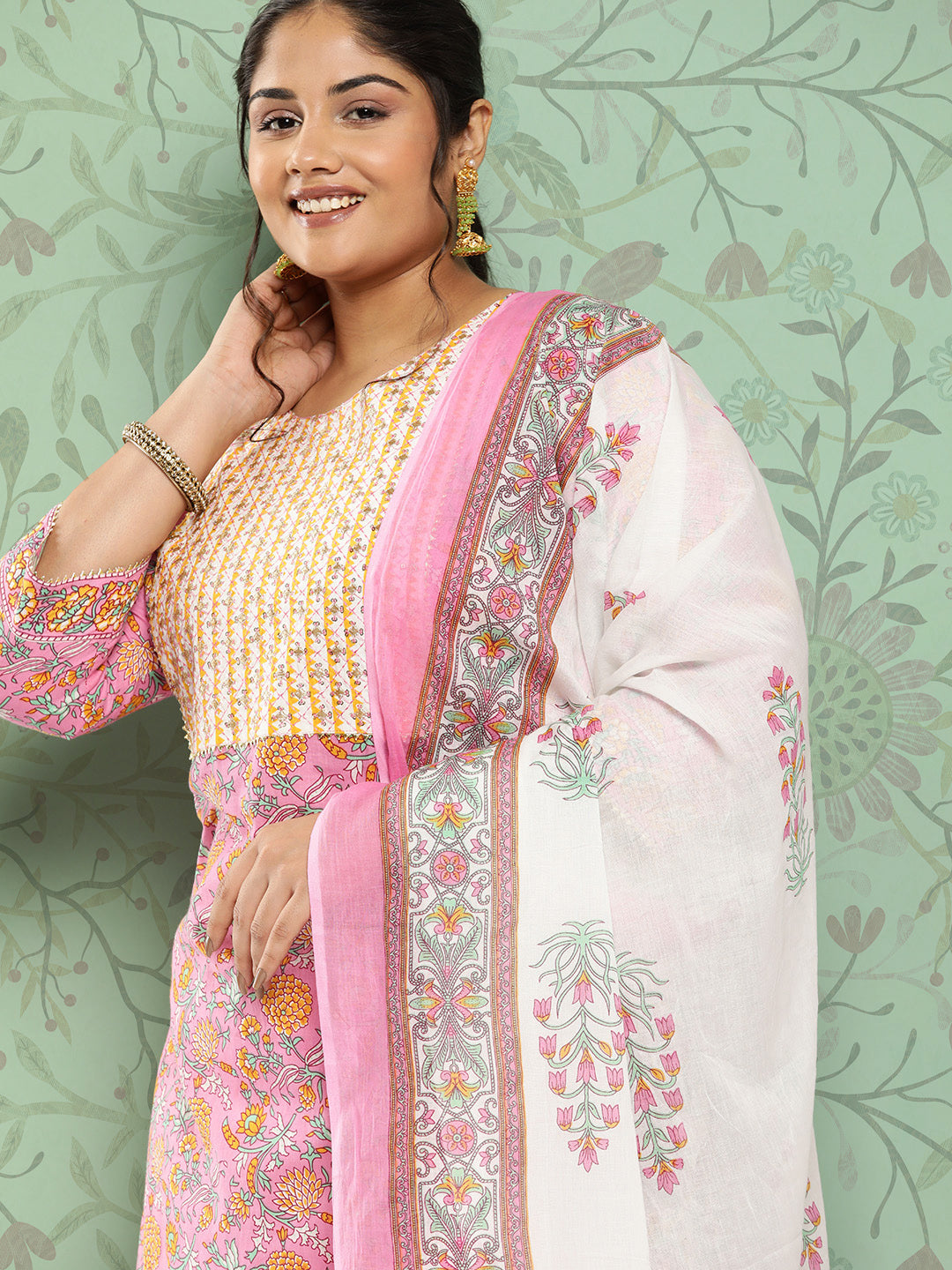 Women's Pink & Yellow Handblock Printed Cotton Kurta With Trousers & Dupatta