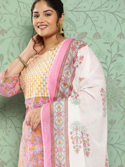Women's Pink & Yellow Handblock Printed Cotton Kurta With Trousers & Dupatta