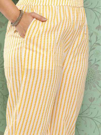 Women's Pink & Yellow Handblock Printed Cotton Kurta With Trousers & Dupatta