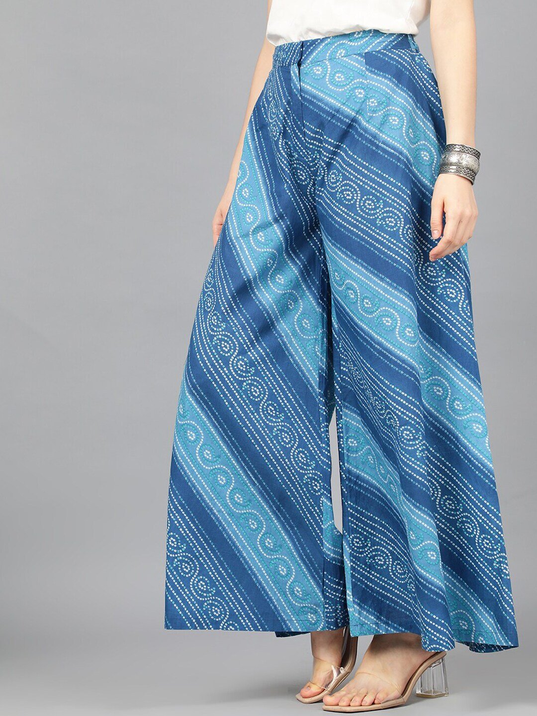 Women's  Blue Leheriya Printed Wide Leg Palazzos