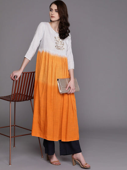 Women's  Orange & White Dyed A-Line Kurta