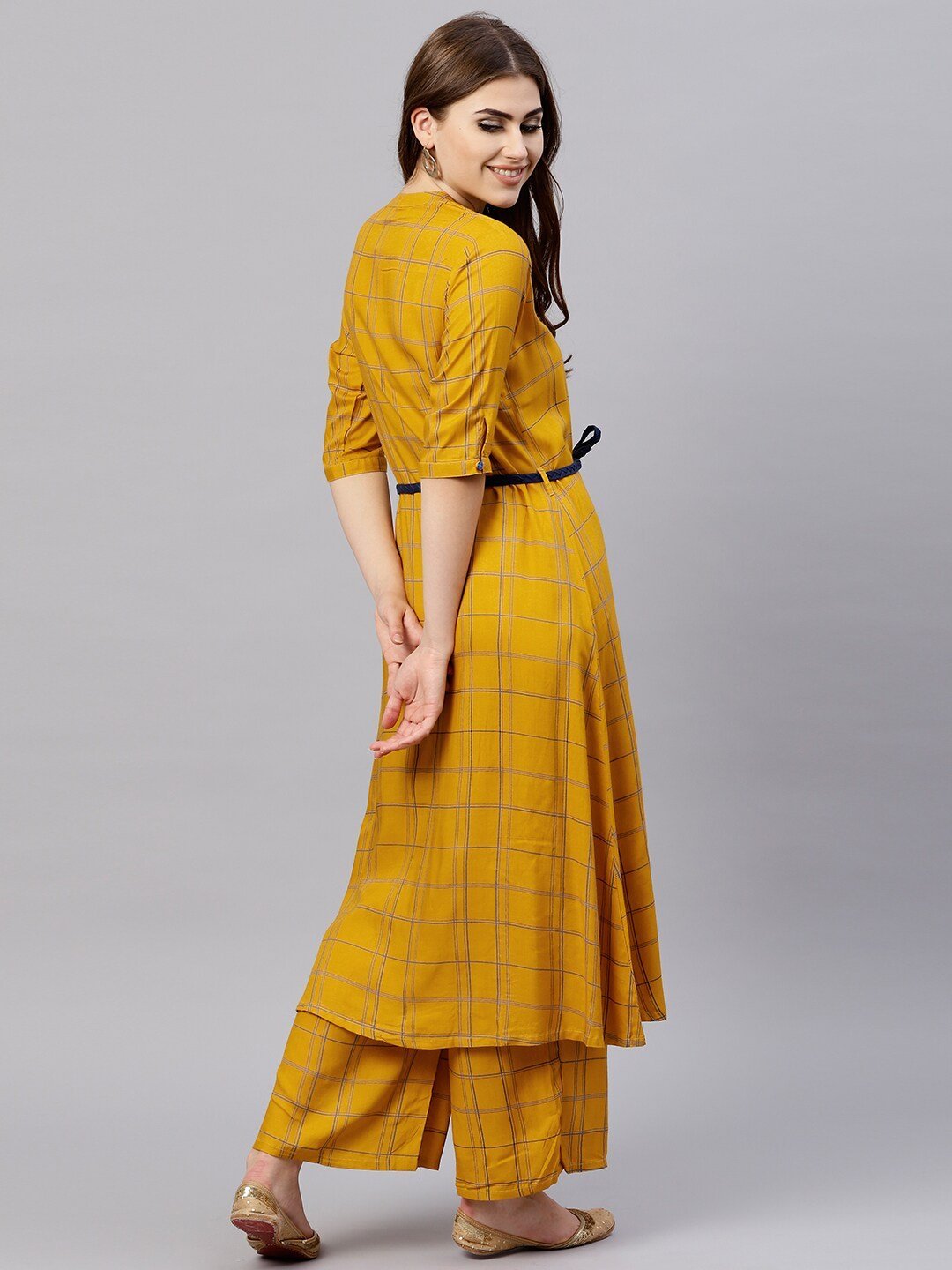 Women's  Mustard Yellow Checked A-Line Kurta