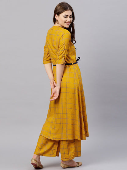 Women's  Mustard Yellow Checked A-Line Kurta