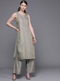 Women's  Grey & Golden Woven Design Kurta with Palazzos