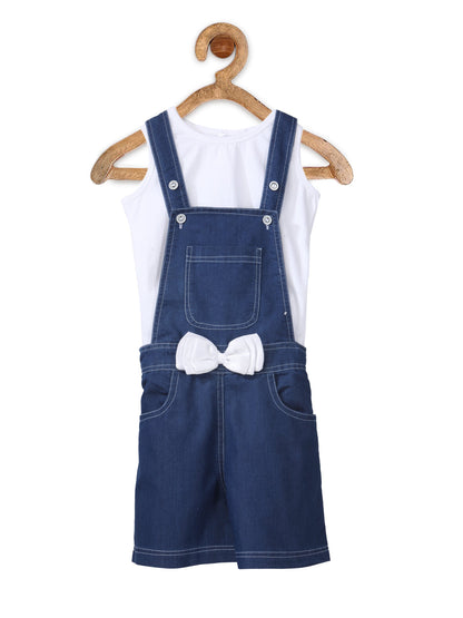 Girl's  Denim Pink Bow Dungaree Dress With Fuschia Sleeveless Top - S