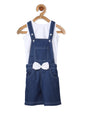 Girl's  Denim Pink Bow Dungaree Dress With Fuschia Sleeveless Top - S