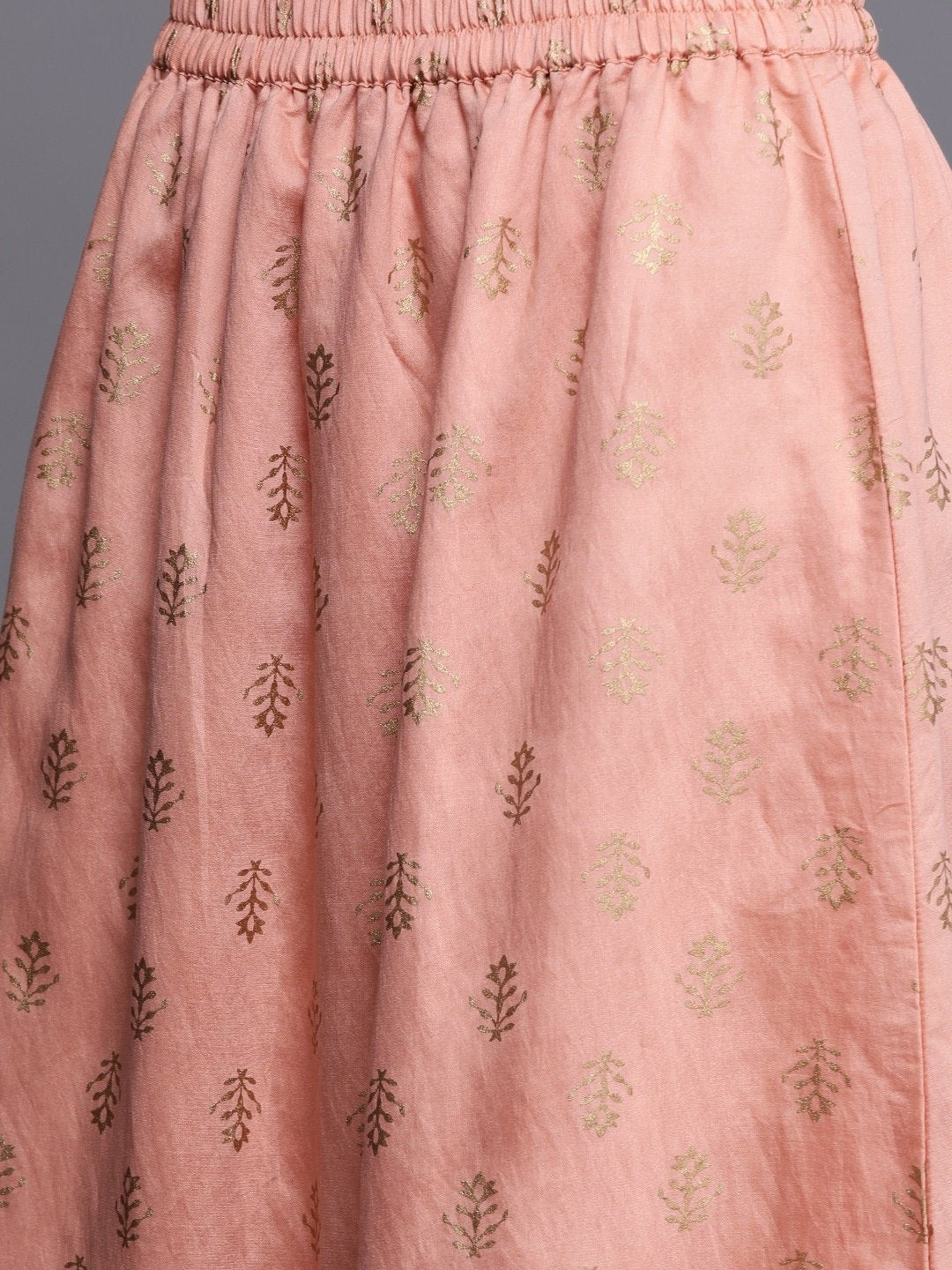 Women's  Peach-Coloured & Golden Printed Kurta with Skirt