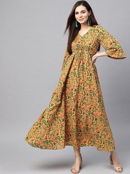 Women's  Mustard Yellow & Green Printed Maxi Dress