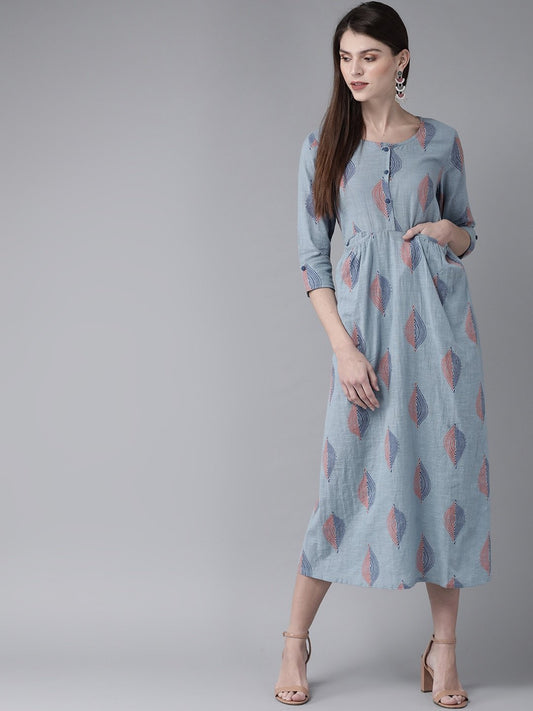Women's  Blue & Orange Printed A-Line Dress