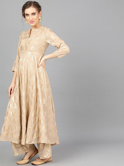 Women's  Beige & Gold-Coloured Printed Anarkali Kurta