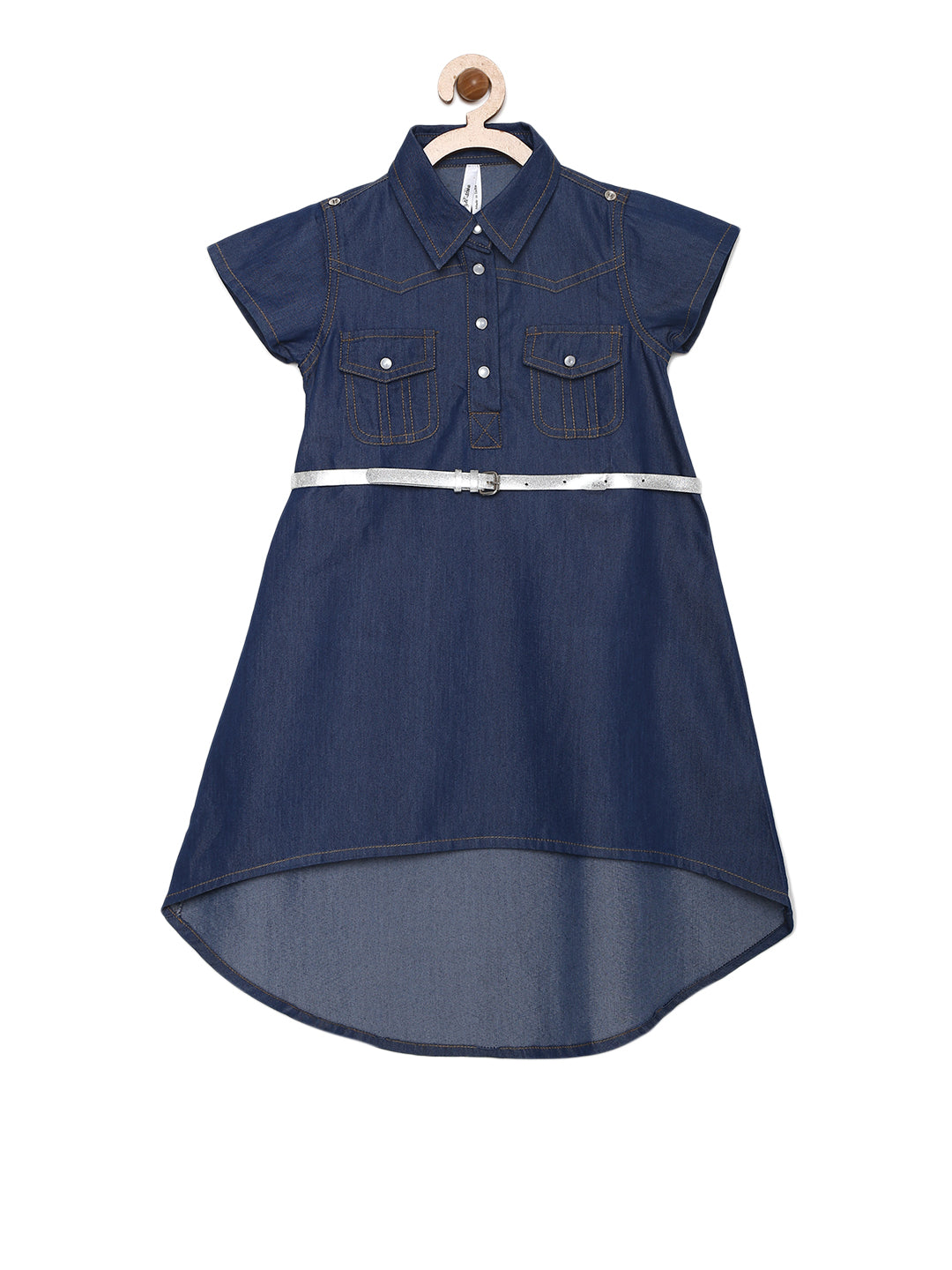 Girl's  White And Blue Anchor Printed Dress With Attached Denim Shrug - S