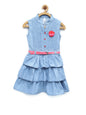 Girl's  Dark Blue Denim Tiered Rose Patch Dress With Belt - S