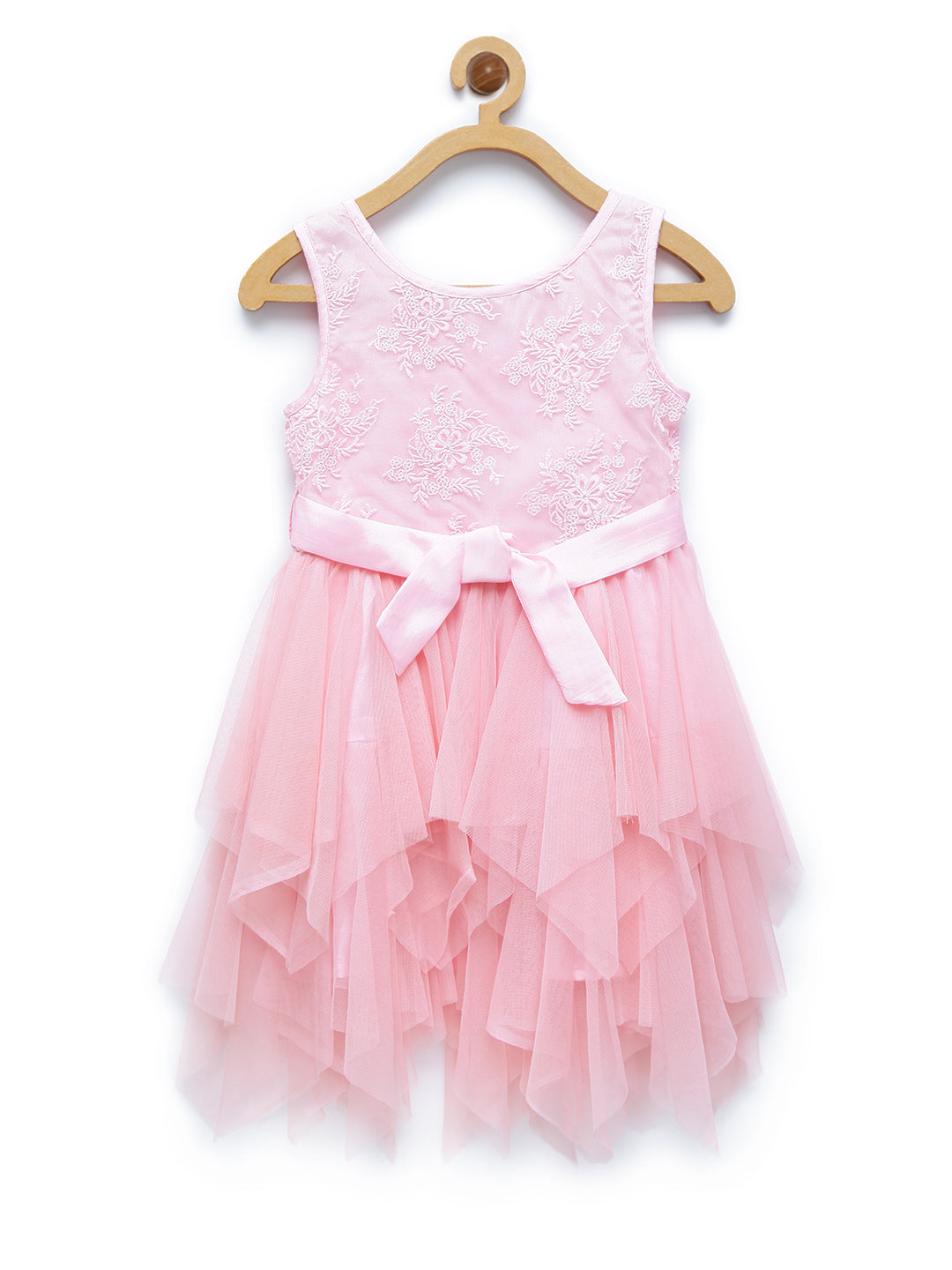 Girl's  Denim Asymmetrical Hemline Dress With Red Belt - S