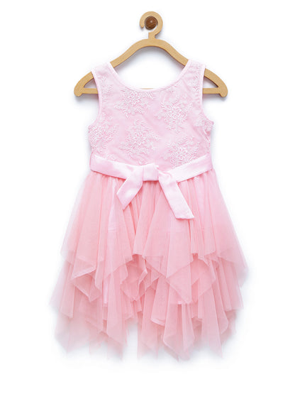 Girl's  Denim Asymmetrical Hemline Dress With Red Belt - S