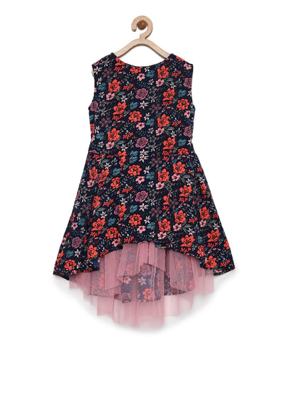 Girl's  Black Floral Dress With Net Inset And Hi Lo Hemline - S