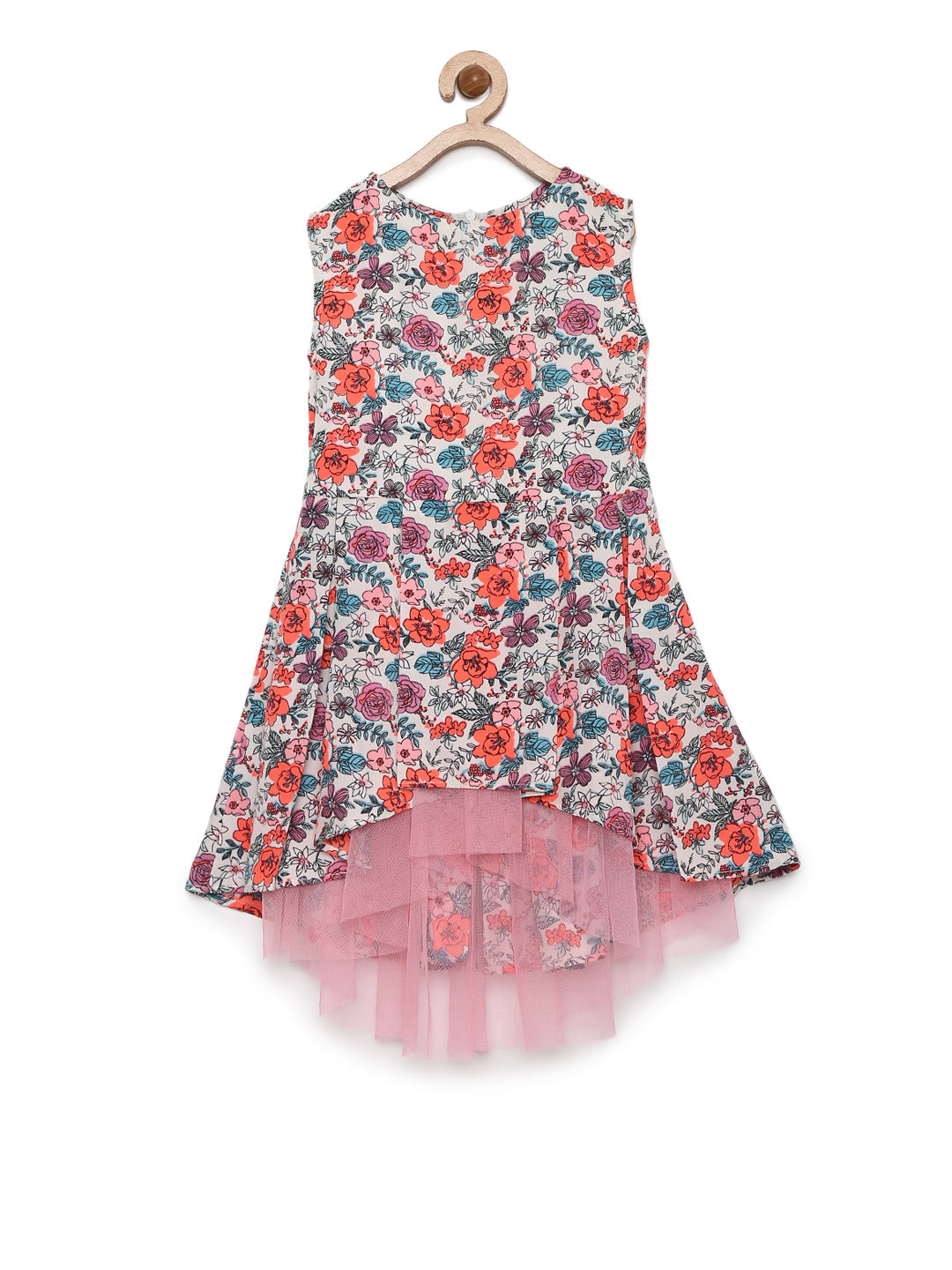 Girl's  Black Floral Dress With Net Inset And Hi Lo Hemline - S