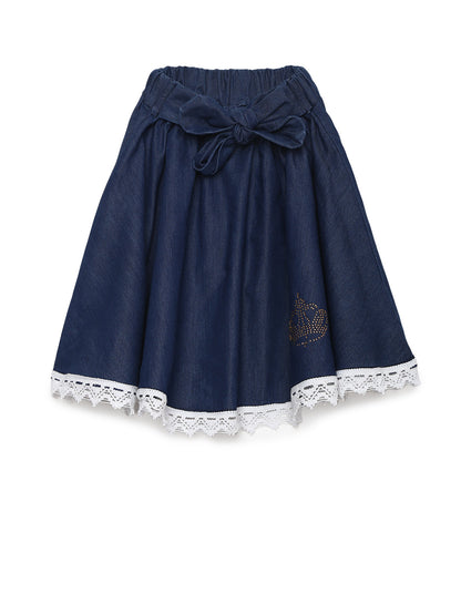 Gilr's Denim Skirt With Bow Tie Belt And Embellished Patch - S