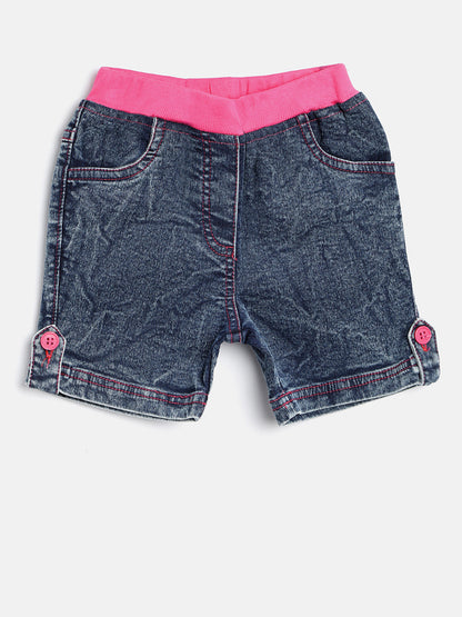 Gilr's Denim Washed Shorts With Red Waistband And Side Loop - S