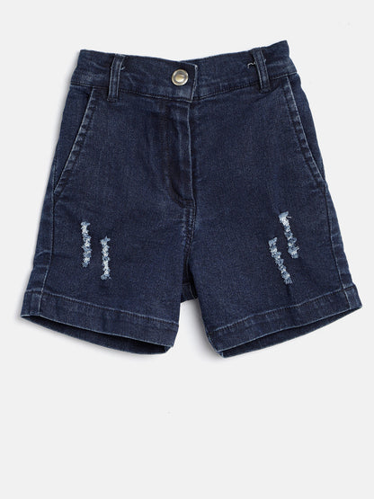 Gilr's Denim Washed Shorts With Pink Waistband And Side Loop - S