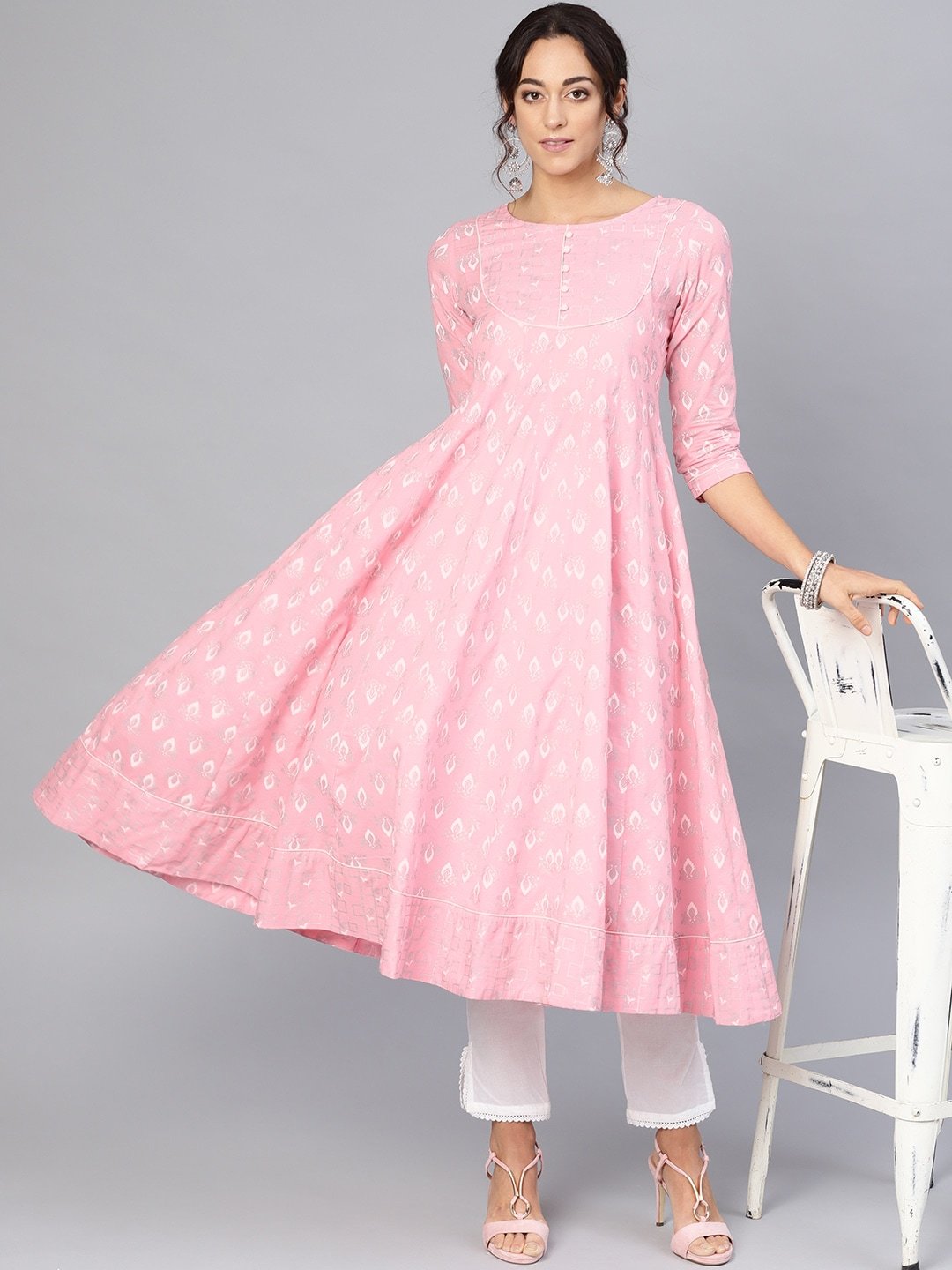 Women's  Pink & White Khari Print Anarkali Kurta