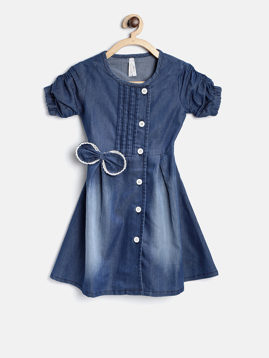 Gilr's Denim Dress With White Pom Pom Lace - S