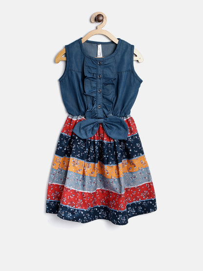 Gilr's Denim Zip Cold Shoulder Dress - S