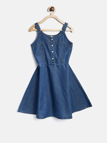 Gilr's  Denim And Multi Color Stripe Dress - S