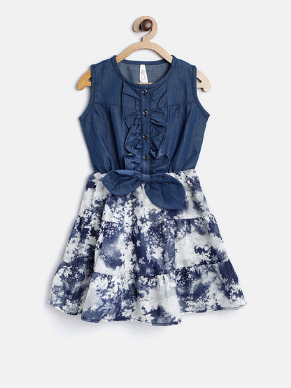 Gilr's Floral Cold Shoulder Dress With Belt - S