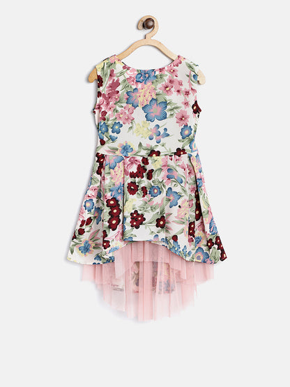 Gilr's Cold Shoulder Floral Printed Dress With Belt - S