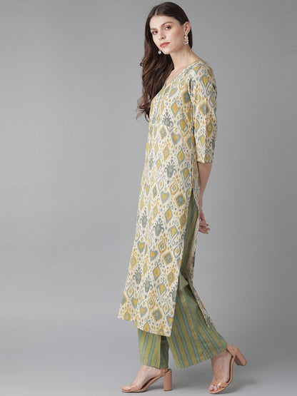 Women's  Beige & Green Printed Kurta with Palazzos