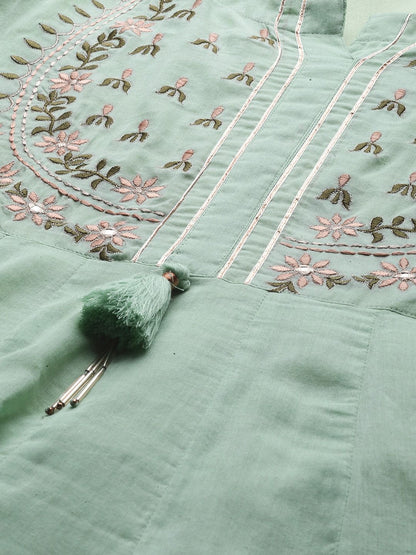 Women's  Sea Green & Golden Yoke Design Anarkali Kurta With Dupatta