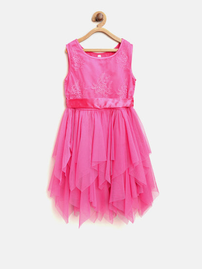 Gilr's Lace Embroidered Asymmetric Hemline Net Pink Party Dress - S