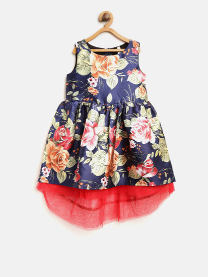 Gilr's Floral Hi Lo Party Dress With Net Inset - S
