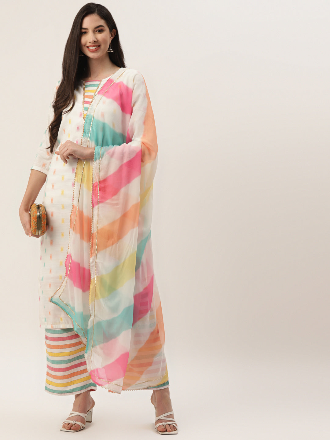 Women's White Cotton Blend Self Design Straight Kurta Trouser Set With Dupatta