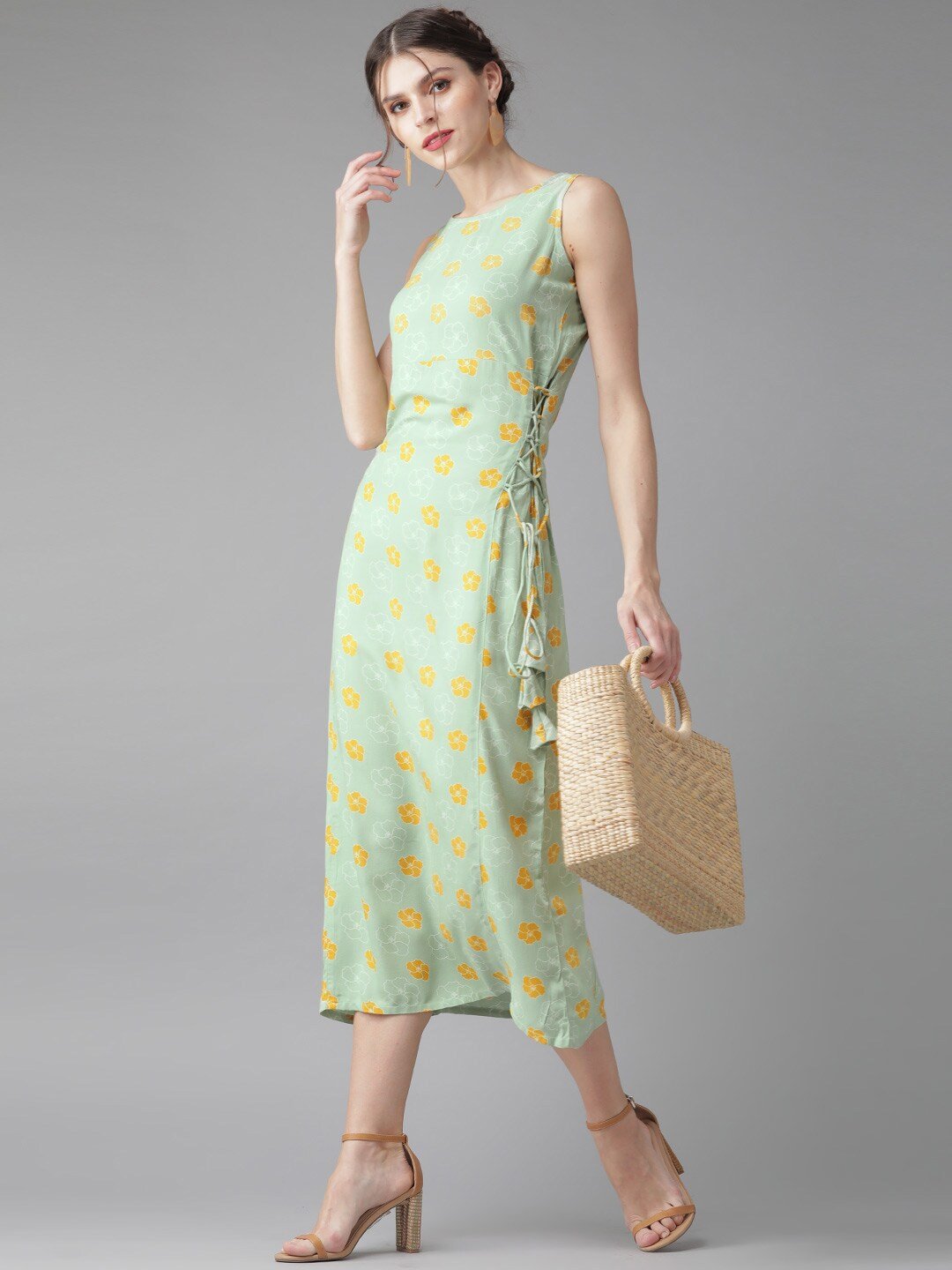 Women's  Green & Mustard Yellow Printed A-Line Dress