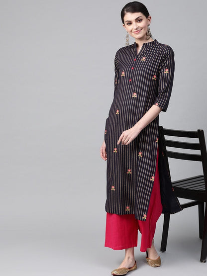 Women's Navy Blue & Golden Striped Straight Kurta
