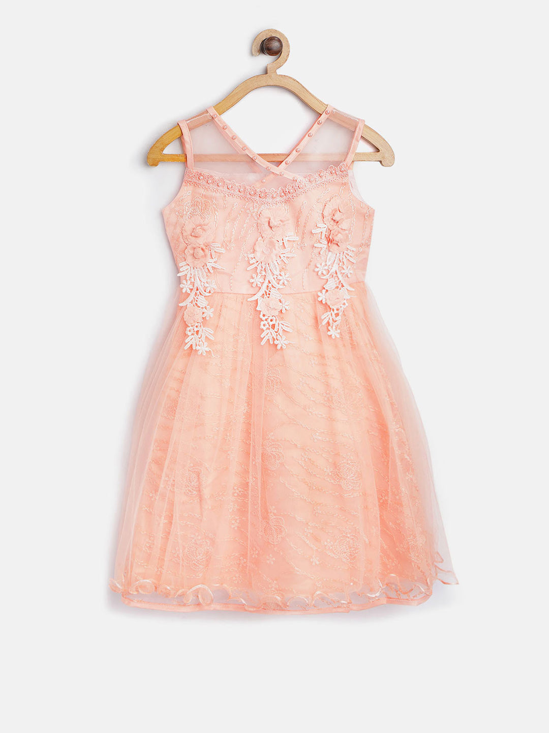 Gilr's Berry Pink Pearls And Embroidered Party Dress - S