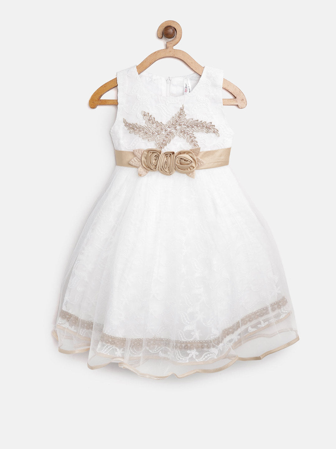 Gilr's White And Green Embellished And Embroidered Party Dress - S