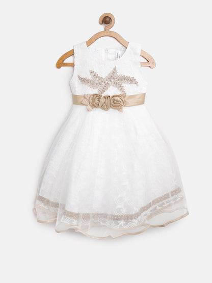 Gilr's White And Green Embellished And Embroidered Party Dress - S