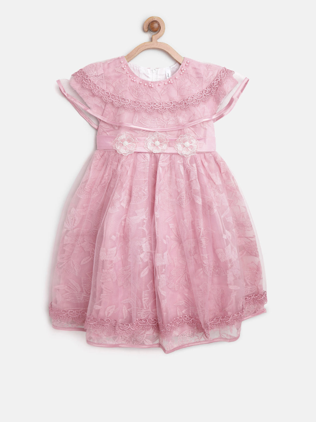 Gilr's White And Dull Gold Embellished And Embroidered Party Dress - S