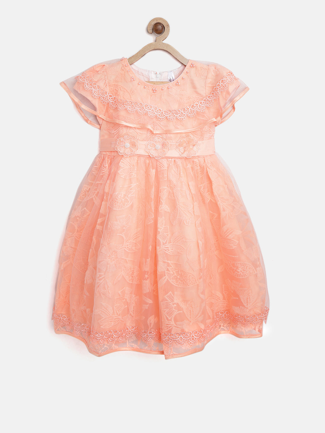 Gilr's Berry Pink Embroidered And Embellished Floral Party Dress - S