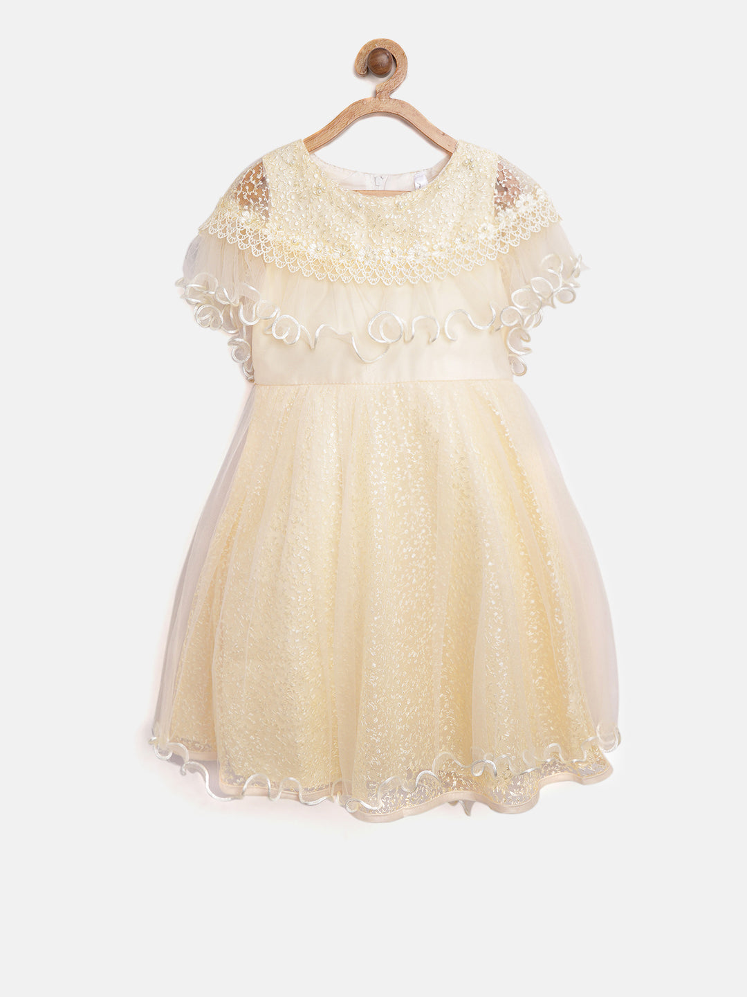Gilr's White Pearls And Roses Embellished Party Dress With Shrug - S