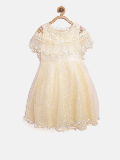 Gilr's White Pearls And Roses Embellished Party Dress With Shrug - S