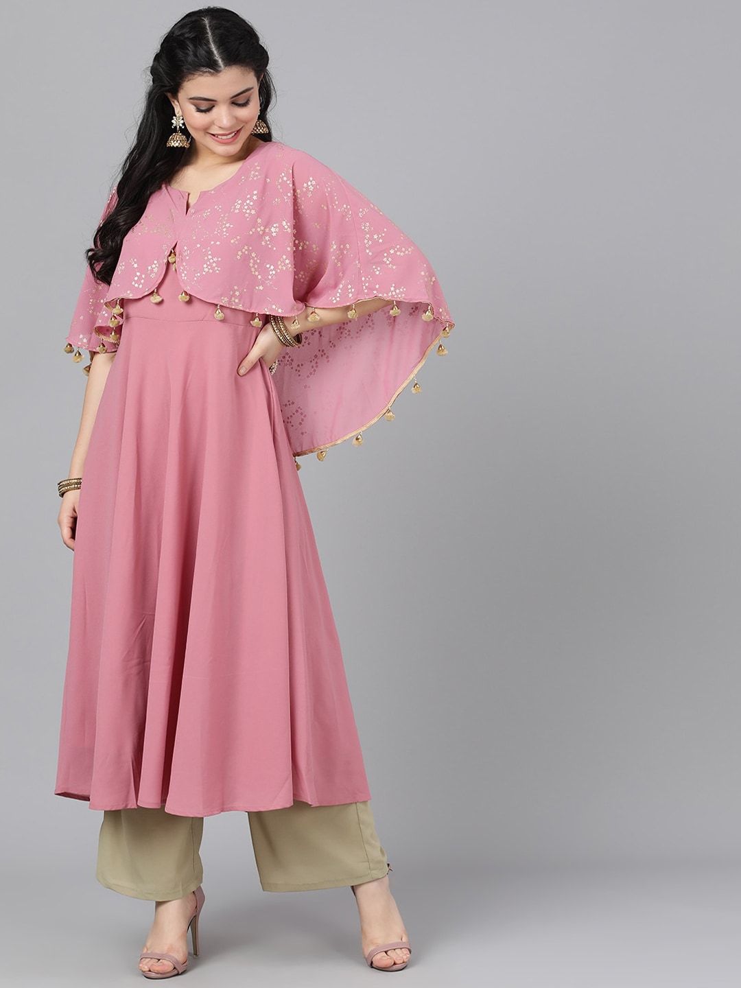 Women's  Mauve & Gold-Coloured Printed Anarkali Kurta