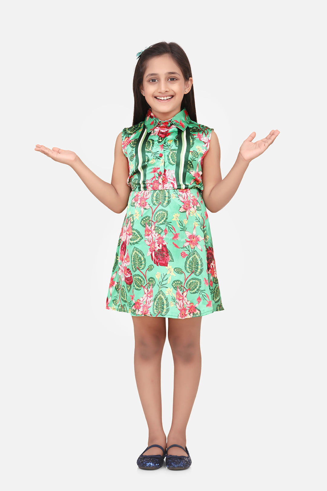 Gilr's Aqua Green Sheer Stripe Floral Dress - S