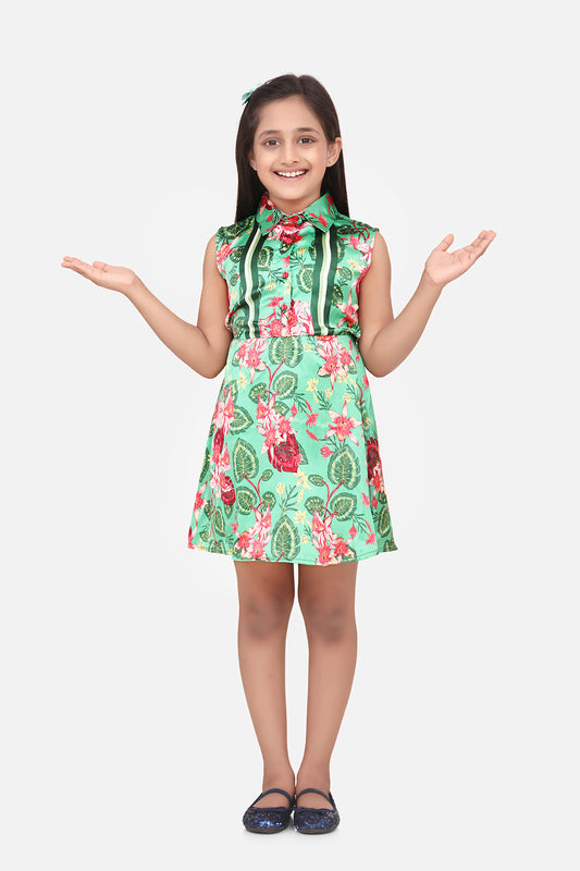 Gilr's Aqua Green Sheer Stripe Floral Dress - S