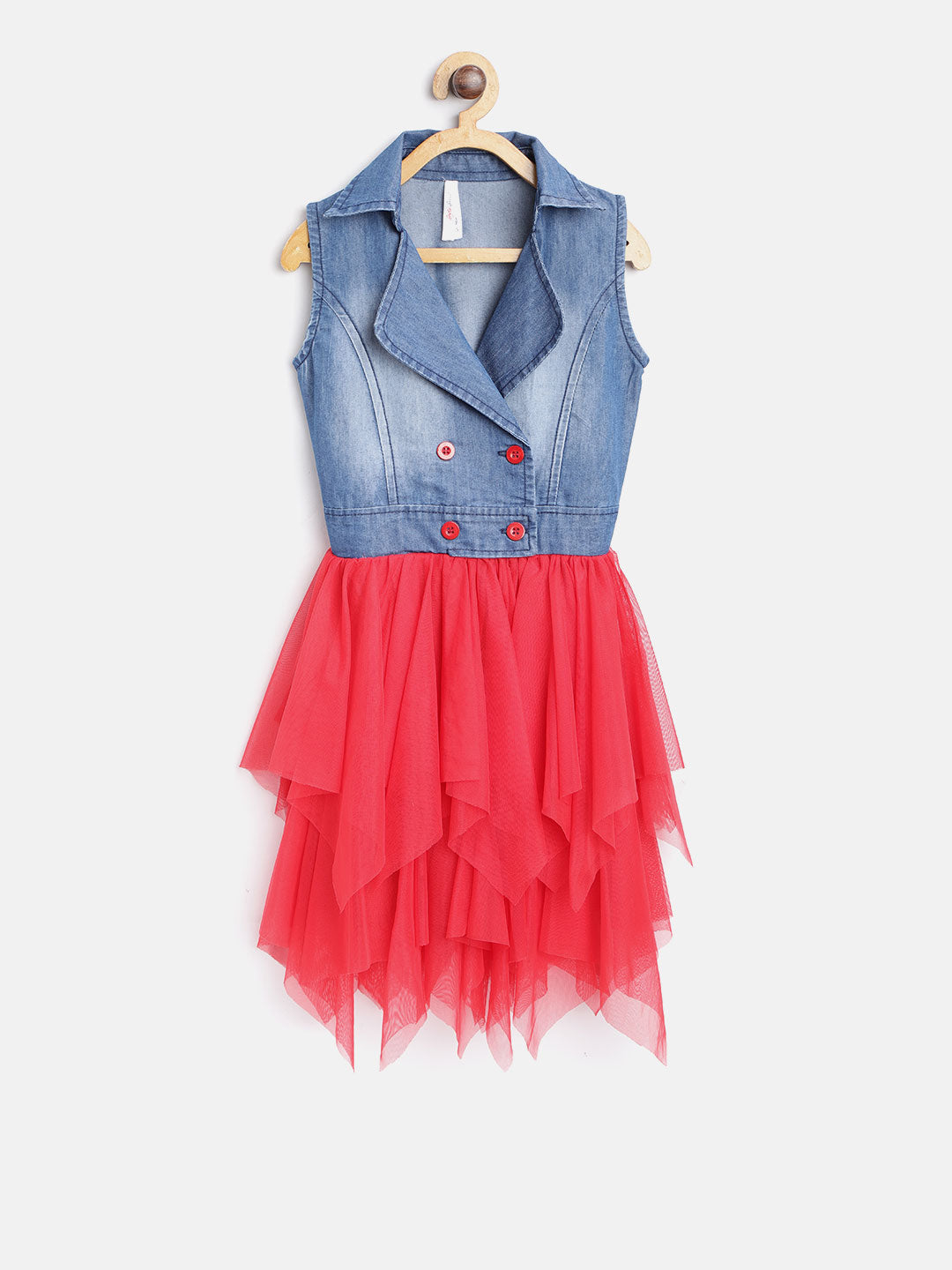 Gilr's Denim And Blue And Red Floral Printed Dress - S