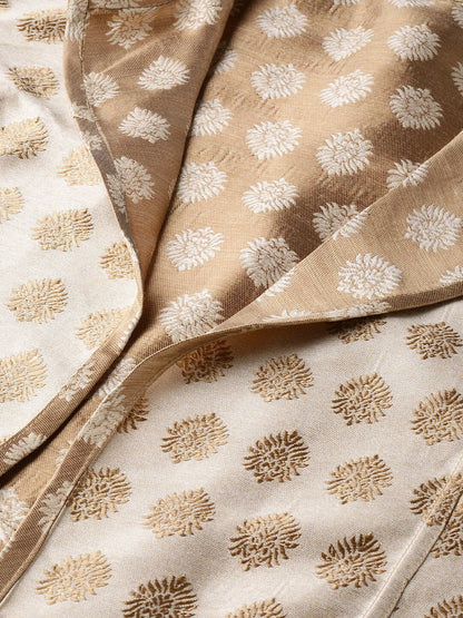 Women's  Off-White & Golden Woven Design Brocade Reversible Longline Open Front Ethnic Jacket