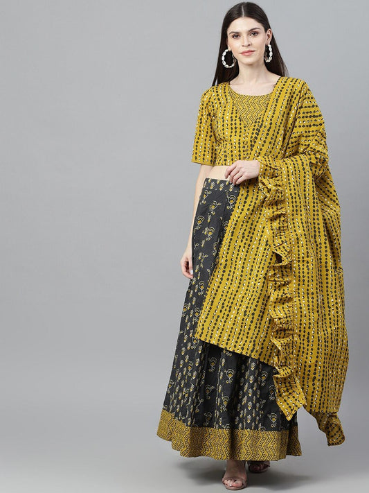 Women's Mustard & Grey Printed Lehenga Choli Se